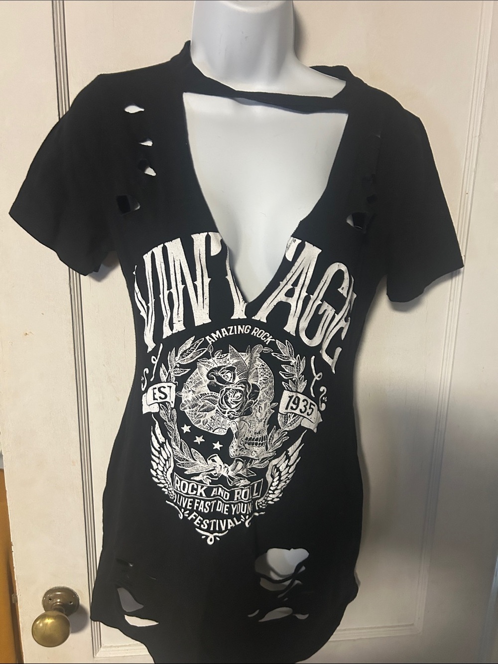 Black Distressed Graphic V-Neck Tee with Rock Print